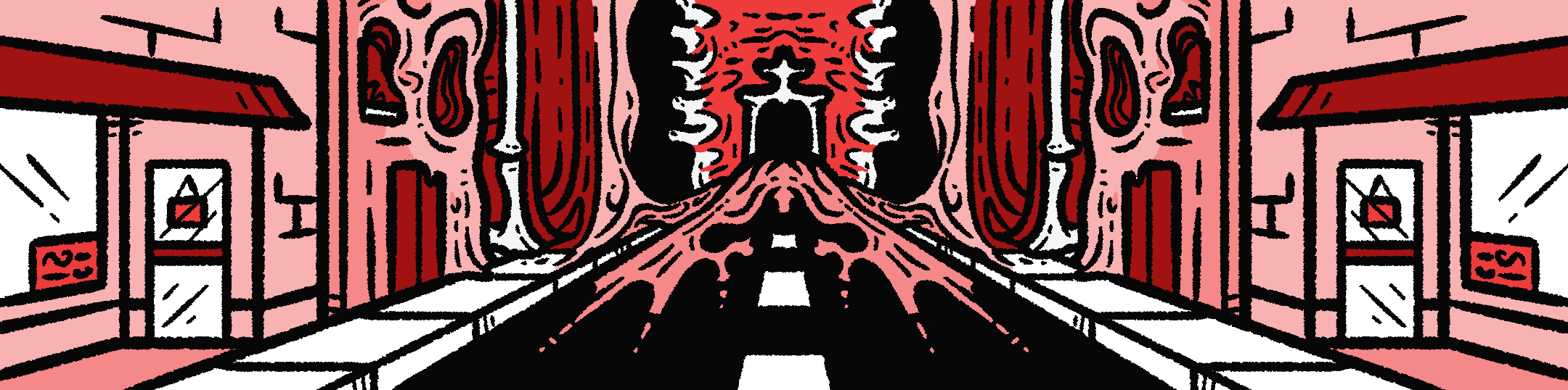 Illustration of a downtown city street with tall buildings and storefronts on either side in pink and red hues. Further down the street, the buildings turn into structures of flesh and bone.